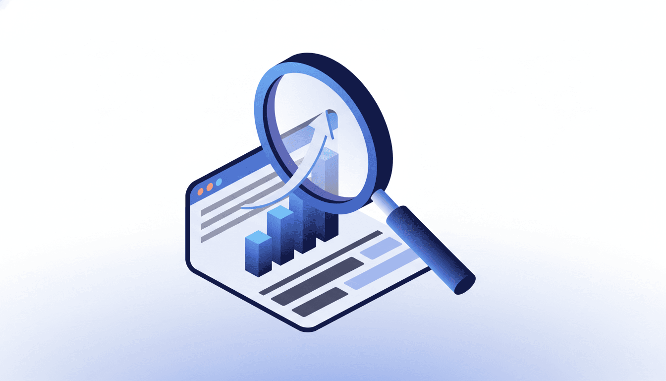 Google's March 2026 core update showing a rising bar chart and magnifying glass on a dark navy background